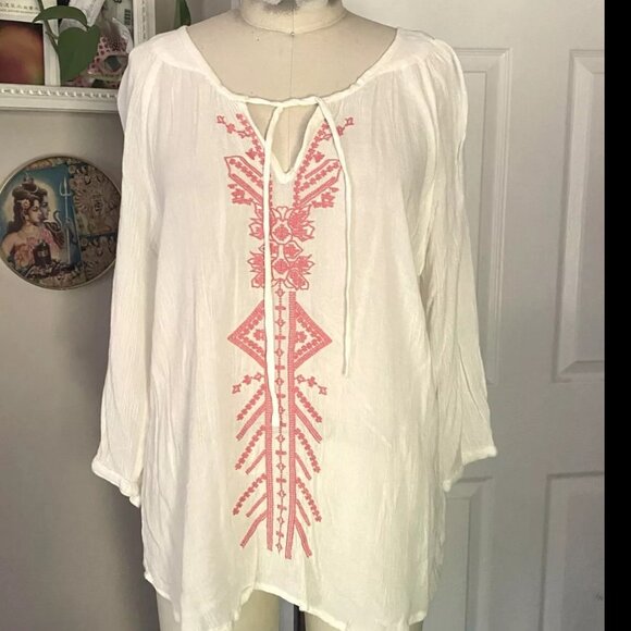 Ali & KRIS White GAUZE Seersucker BOHO Embroidered Lounge Tunic shirt *SMALL* - Picture 1 of 5